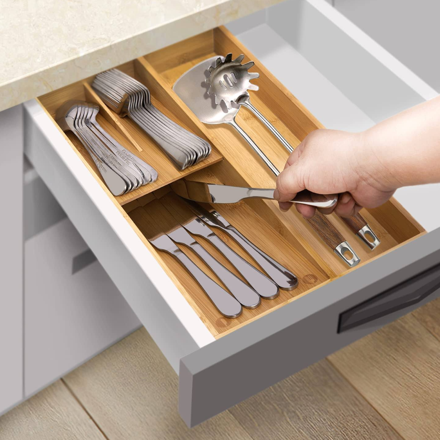 Bamboo Wood Utensil Organizer for Kitchen Drawer